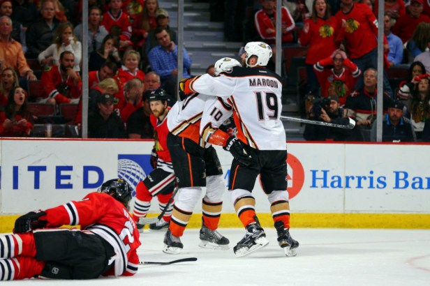 May 23, 2015; Chicago, IL, USA; Anaheim Ducks right wing Corey Perry (10) is congratulated by left wing Patrick Maroon (19) after scoring against the Chicago Blackhawks during the third period in game four of the Western Conference Final of the 2015 Stanley Cup Playoffs at United Center. Mandatory Credit: Dennis Wierzbicki-USA TODAY Sports ORG XMIT: USATSI-225466 ORIG FILE ID:  20150523_jcd_aw6_062.JPG