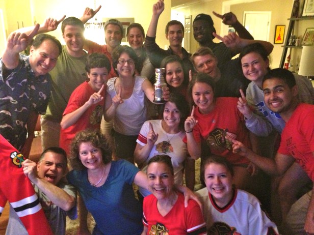Picture of our annual playoff watch party at the Bonistalli house. All smiles after a second Stanley cup together. 